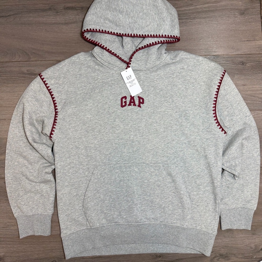 GAP Gray Hooded Sweatshirt with Maroon Stitch Trim